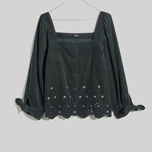 Embroidered Eyelet Corduroy Tie-Sleeve Top